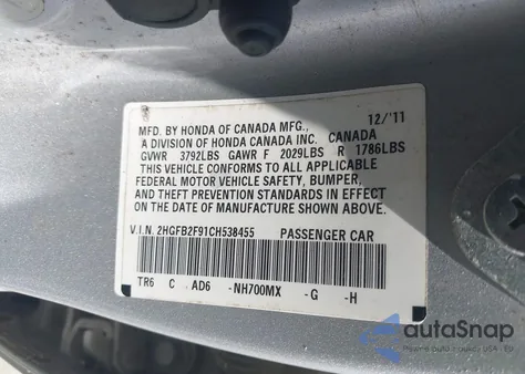 2012 Honda Civic Ex-L z USA, uszkodzony, nr VIN 2HGFB2F91CH538455